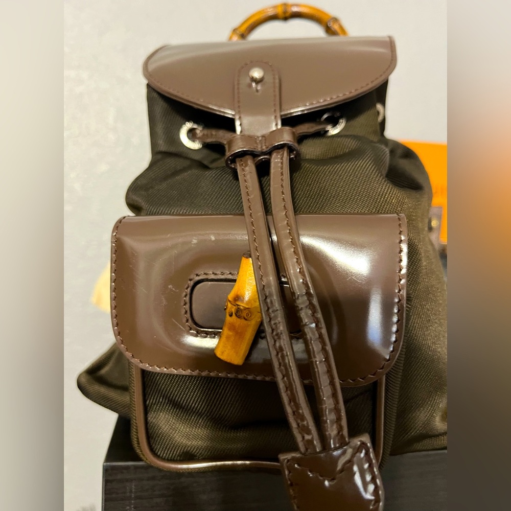 Beautiful Gucci Mini Backpack Bamboo Brown Nylon/Enamel Leather. New condition